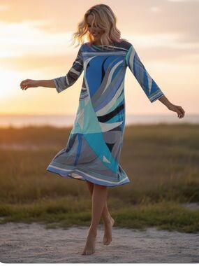 Emilio Pucci Teal, Aqua & Gray Printed Midi Dress No Tags Fits Like A S